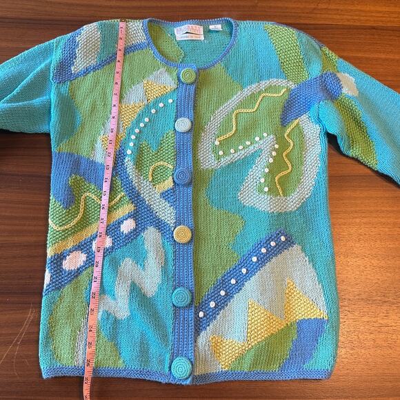 Segrets Sun Prints Vintage Hand Knit Grannycore Blue Cardigan, Cotton/Ramie Med - Picture 3 of 7